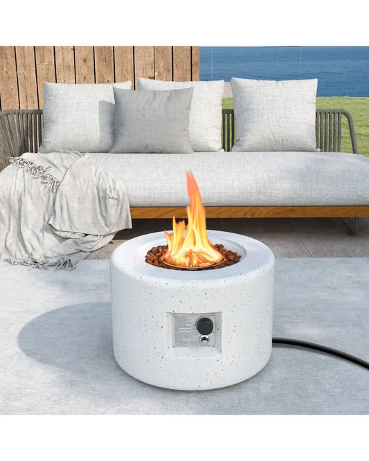 Round Terrazzo Propane Gas Fire Pit Protective PVC Cover Lava Rocks Included - White - Fire Pit Tables