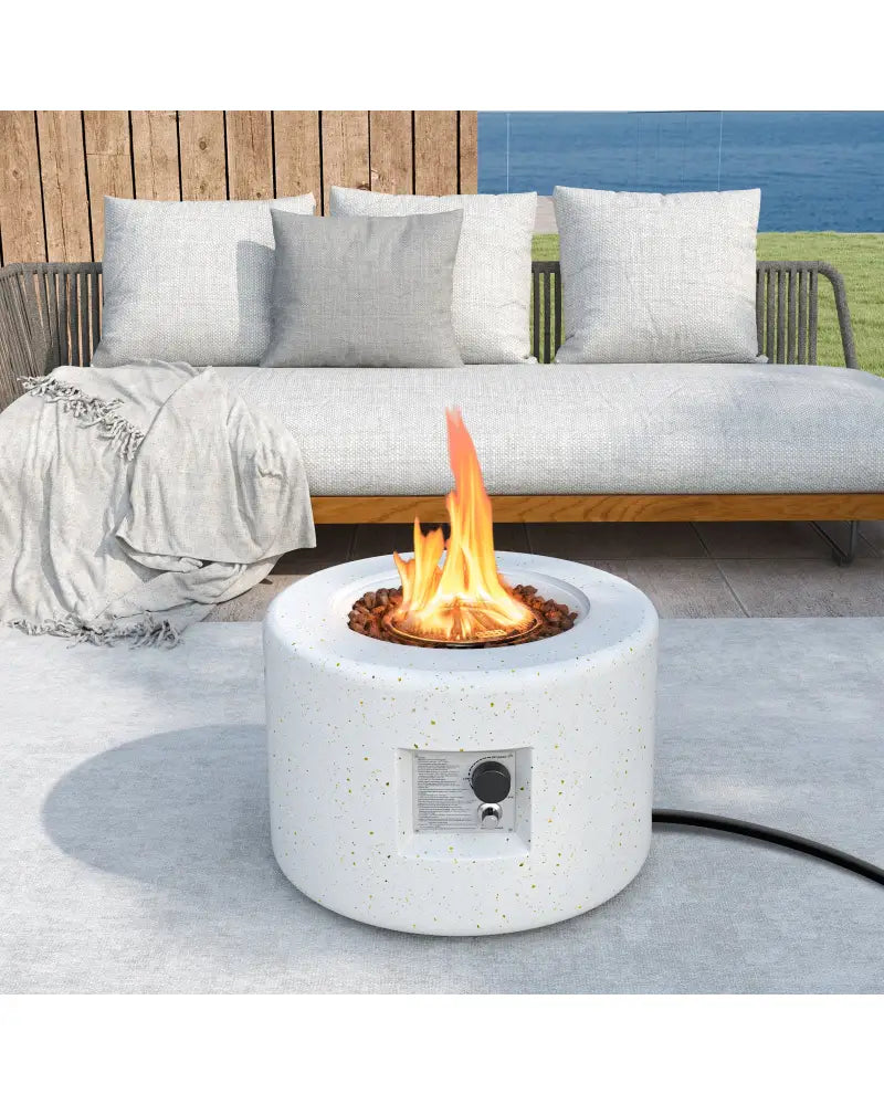 Round Terrazzo Propane Gas Fire Pit Protective PVC Cover Lava Rocks Included - White - Fire Pit Tables