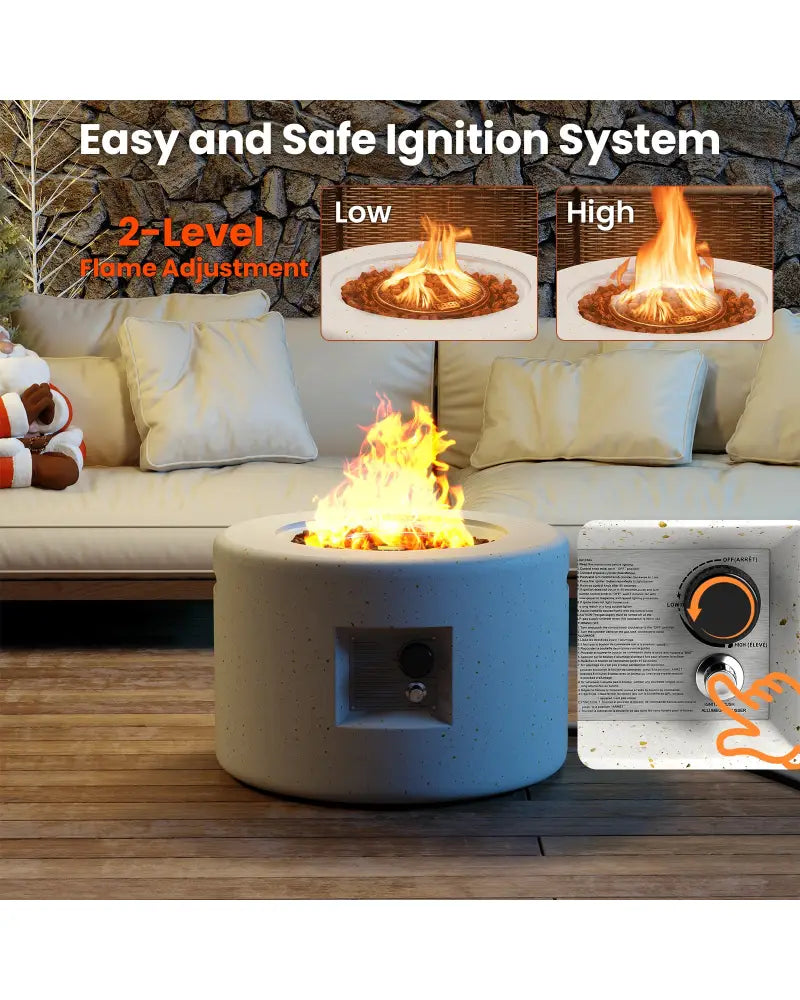 Round Terrazzo Propane Gas Fire Pit Protective PVC Cover Lava Rocks Included - White - Fire Pit Tables