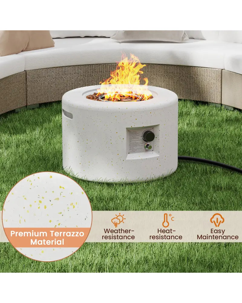 Round Terrazzo Propane Gas Fire Pit Protective PVC Cover Lava Rocks Included - White - Fire Pit Tables