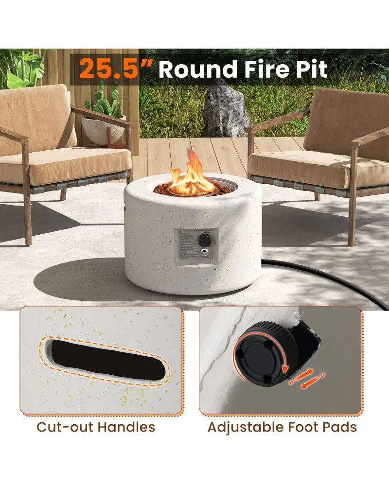 Round Terrazzo Propane Gas Fire Pit Protective PVC Cover Lava Rocks Included - White - Fire Pit Tables
