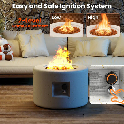 Round Terrazzo Propane Gas Fire Pit Protective PVC Cover Lava Rocks Included - White - Fire Pit Tables