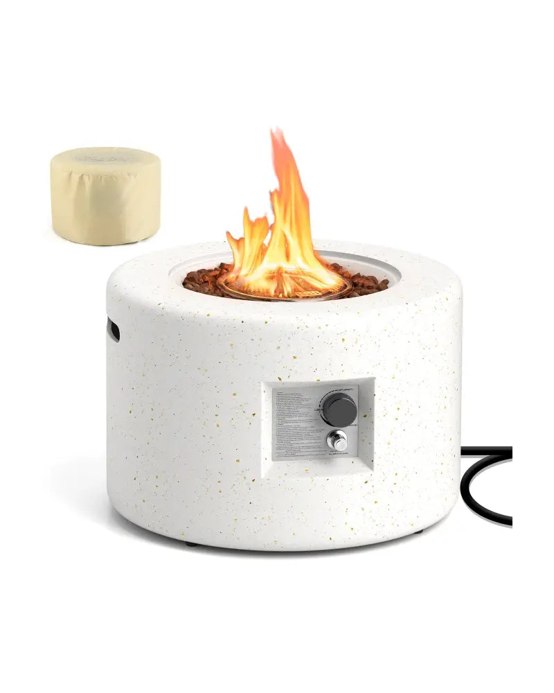 Round Terrazzo Propane Gas Fire Pit Protective PVC Cover Lava Rocks Included - White - Fire Pit Tables