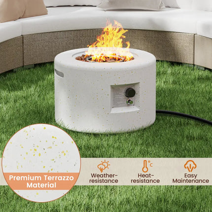 Round Terrazzo Propane Gas Fire Pit Protective PVC Cover Lava Rocks Included - White - Fire Pit Tables