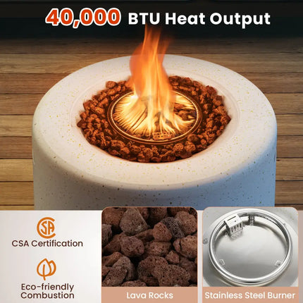 Round Terrazzo Propane Gas Fire Pit Protective PVC Cover Lava Rocks Included - White - Fire Pit Tables