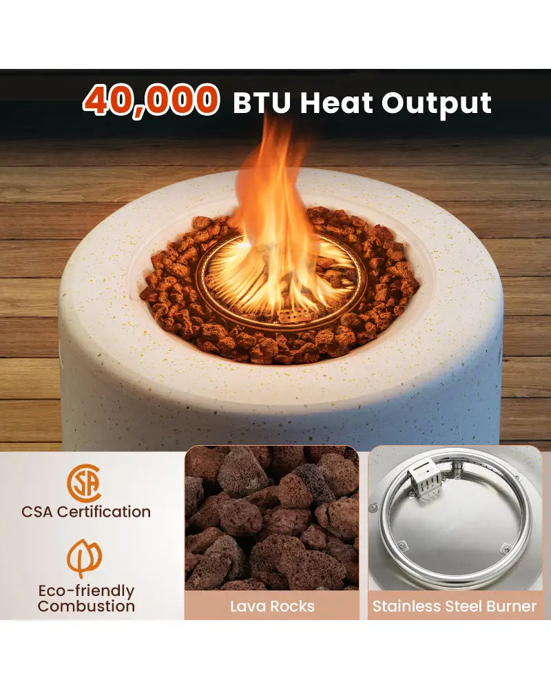 Round Terrazzo Propane Gas Fire Pit Protective PVC Cover Lava Rocks Included - White - Fire Pit Tables