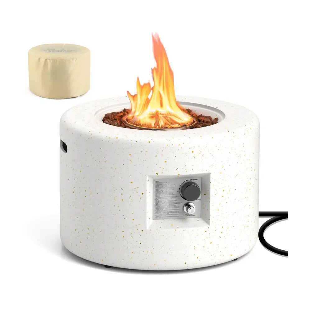 Round Terrazzo Propane Gas Fire Pit Protective PVC Cover Lava Rocks Included - White - Fire Pit Tables