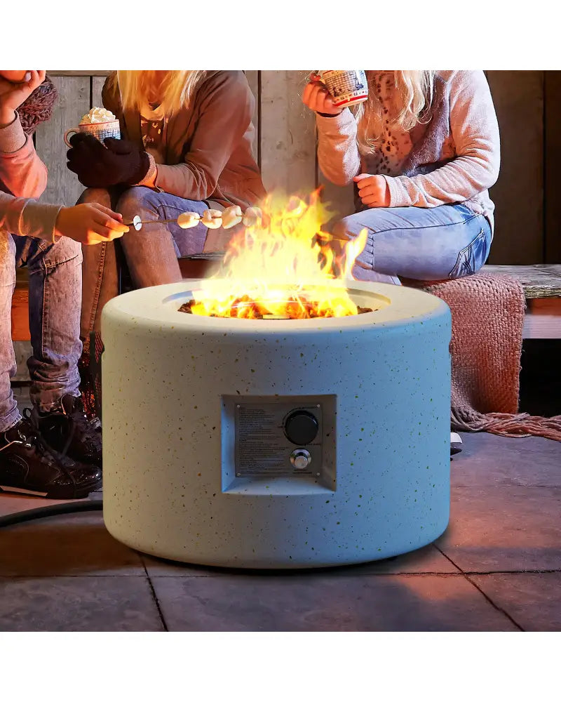 Round Terrazzo Propane Gas Fire Pit Protective PVC Cover Lava Rocks Included - White - Fire Pit Tables