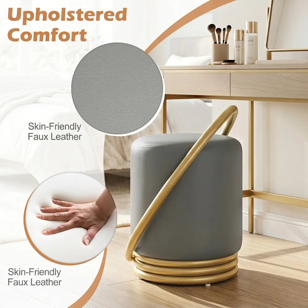 Round Vanity Stool Faux Leather Makeup Chair with Gold Halo Design-Grey - Gray - Ottomans