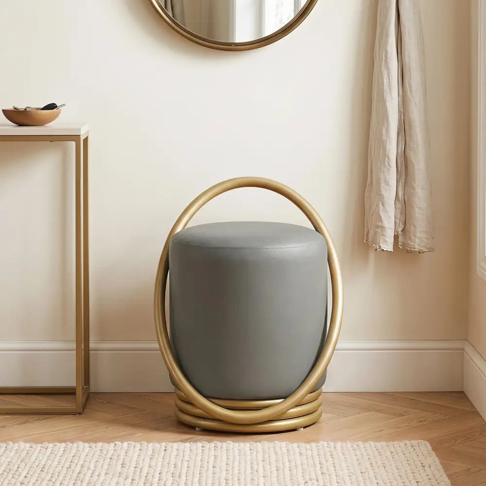 Round Vanity Stool Faux Leather Makeup Chair with Gold Halo Design-Grey - Gray - Ottomans