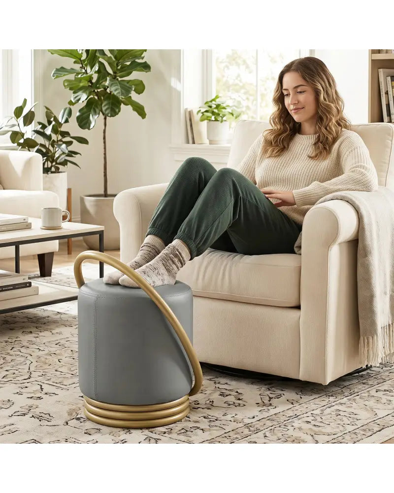 Round Vanity Stool Faux Leather Makeup Chair with Gold Halo Design-Grey - Gray - Ottomans