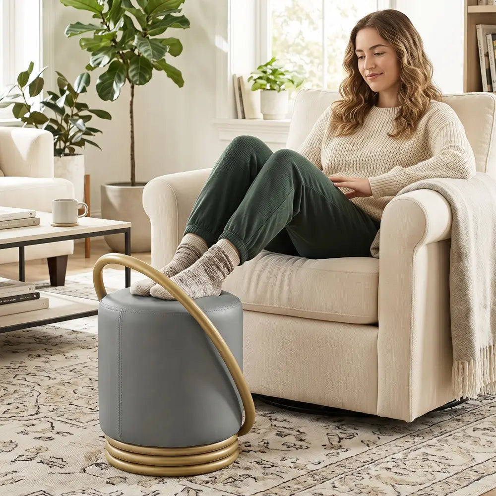 Round Vanity Stool Faux Leather Makeup Chair with Gold Halo Design-Grey - Gray - Ottomans