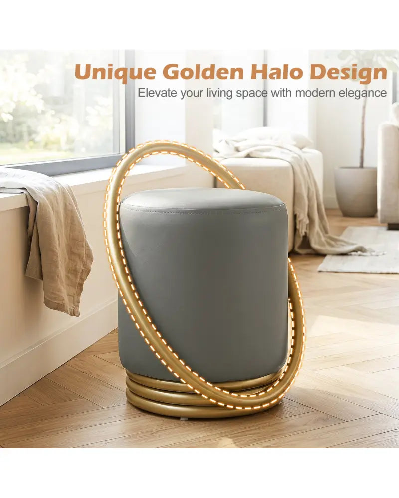 Round Vanity Stool Faux Leather Makeup Chair with Gold Halo Design-Grey - Gray - Ottomans