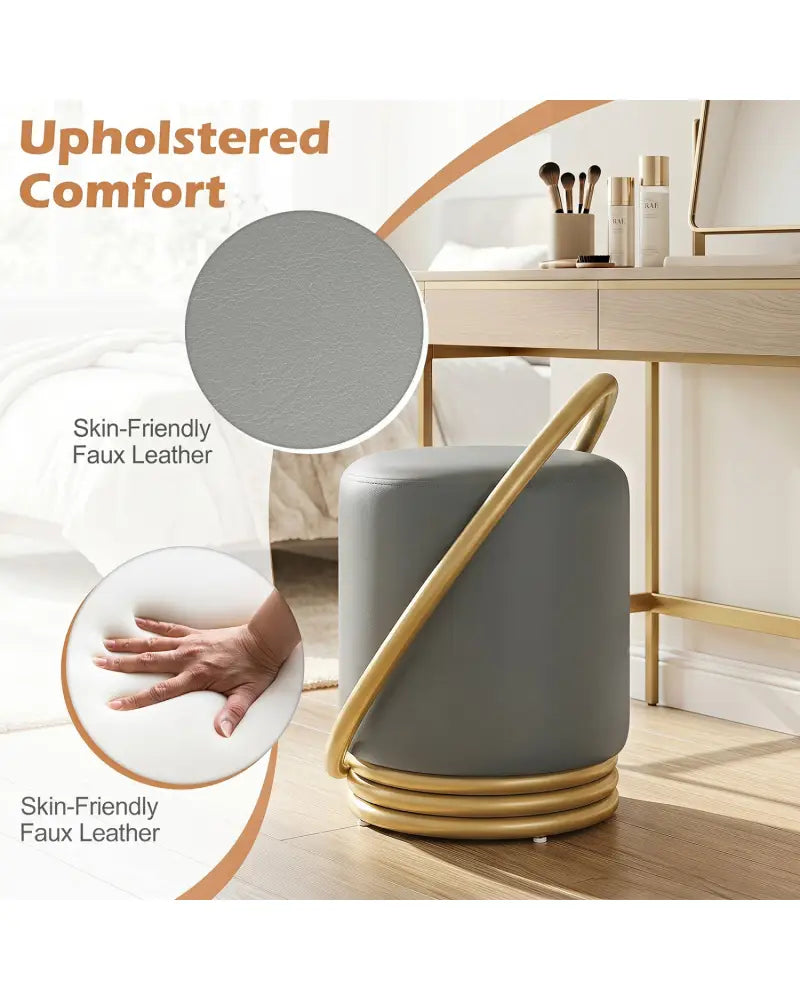 Round Vanity Stool Faux Leather Makeup Chair with Gold Halo Design-Grey - Gray - Ottomans