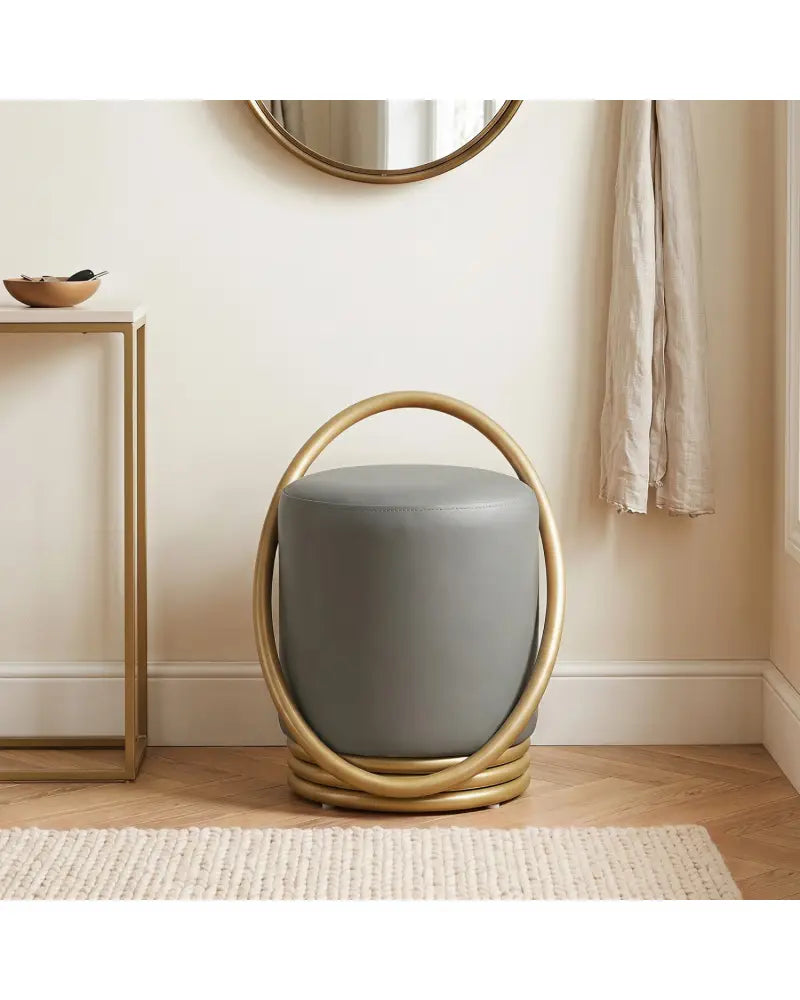 Round Vanity Stool Faux Leather Makeup Chair with Gold Halo Design-Grey - Gray - Ottomans