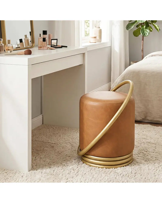 Round Vanity Stool Faux Leather Makeup Chair with Gold Halo Design-Yellow - Yellow - Ottomans