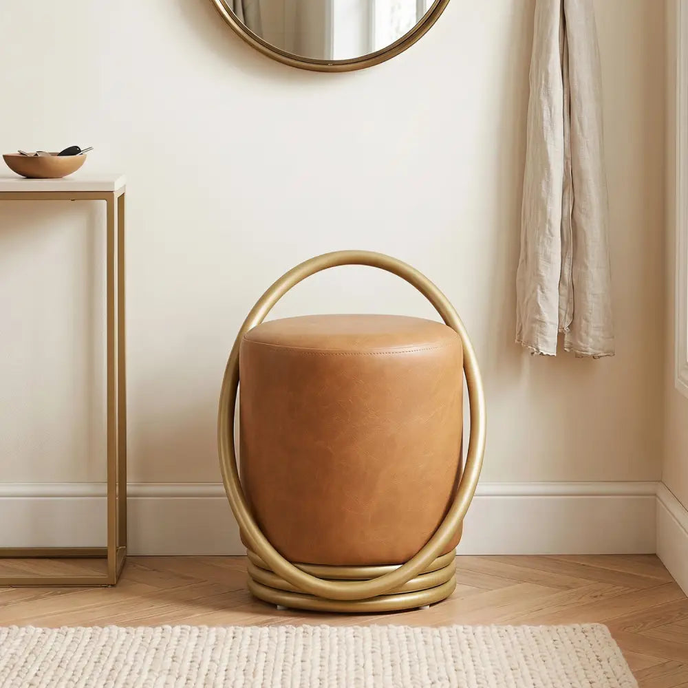 Round Vanity Stool Faux Leather Makeup Chair with Gold Halo Design-Yellow - Yellow - Ottomans