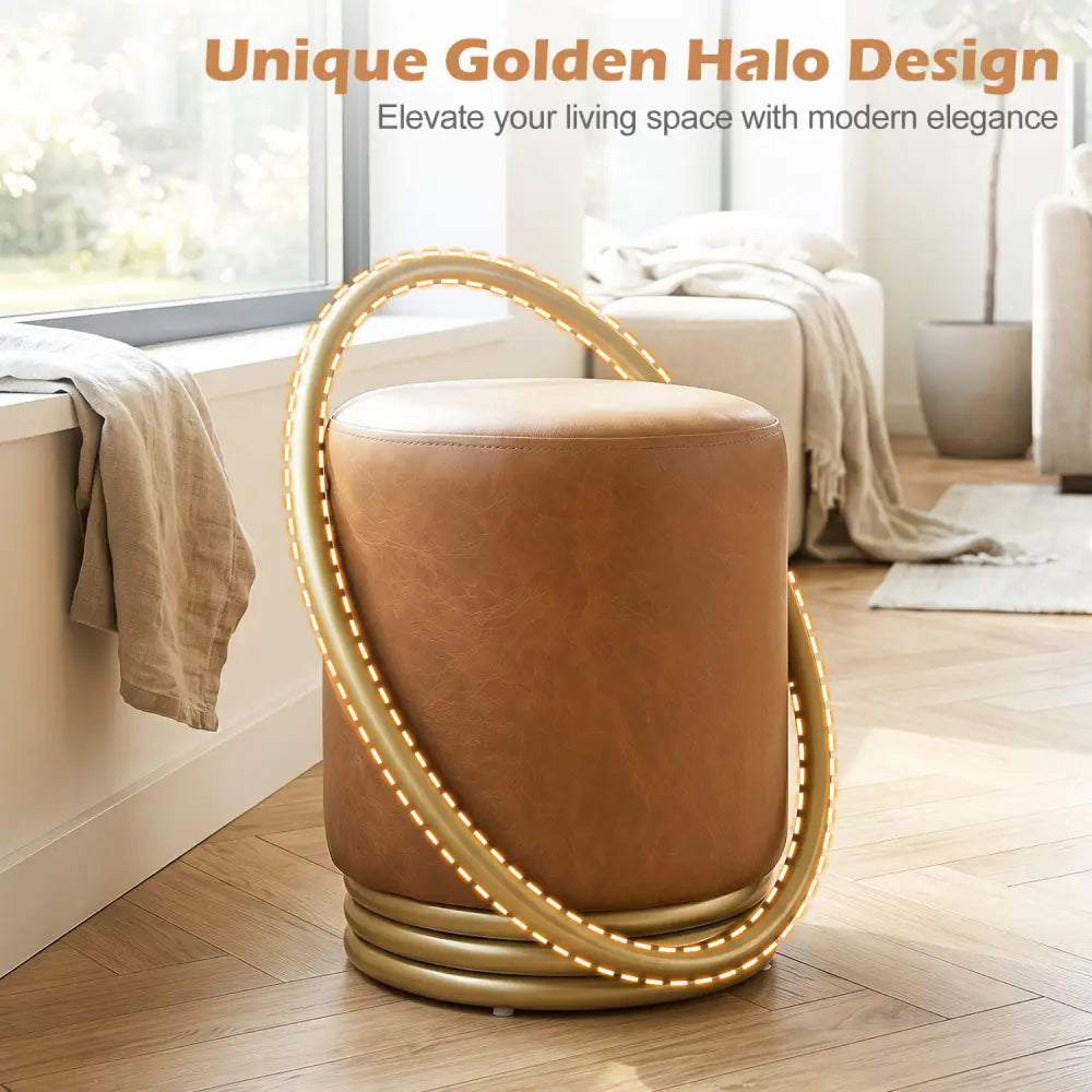 Round Vanity Stool Faux Leather Makeup Chair with Gold Halo Design-Yellow - Yellow - Ottomans