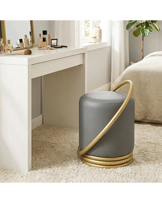 Round Vanity Stool Faux Leather Makeup Chair with Gold Halo Design-Grey - Gray - Ottomans