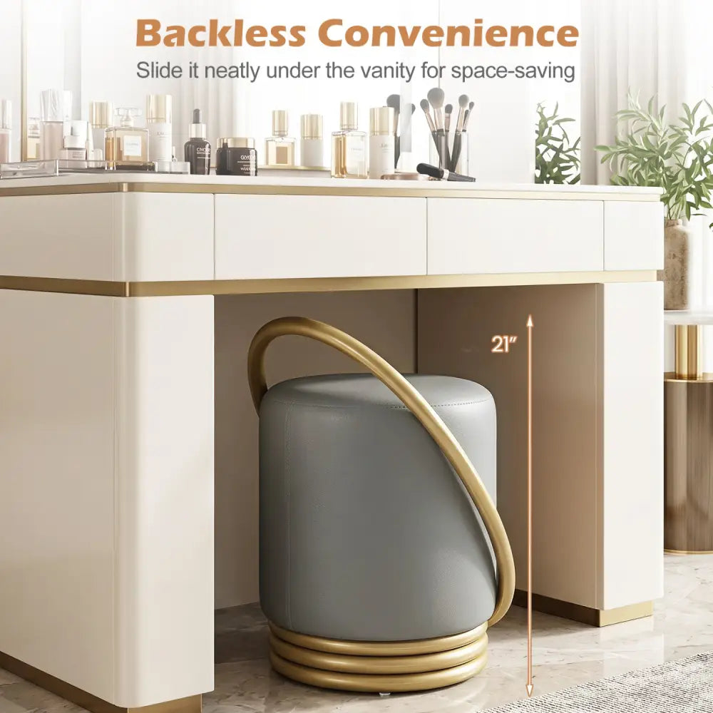Round Vanity Stool Faux Leather Makeup Chair with Gold Halo Design-Grey - Gray - Ottomans