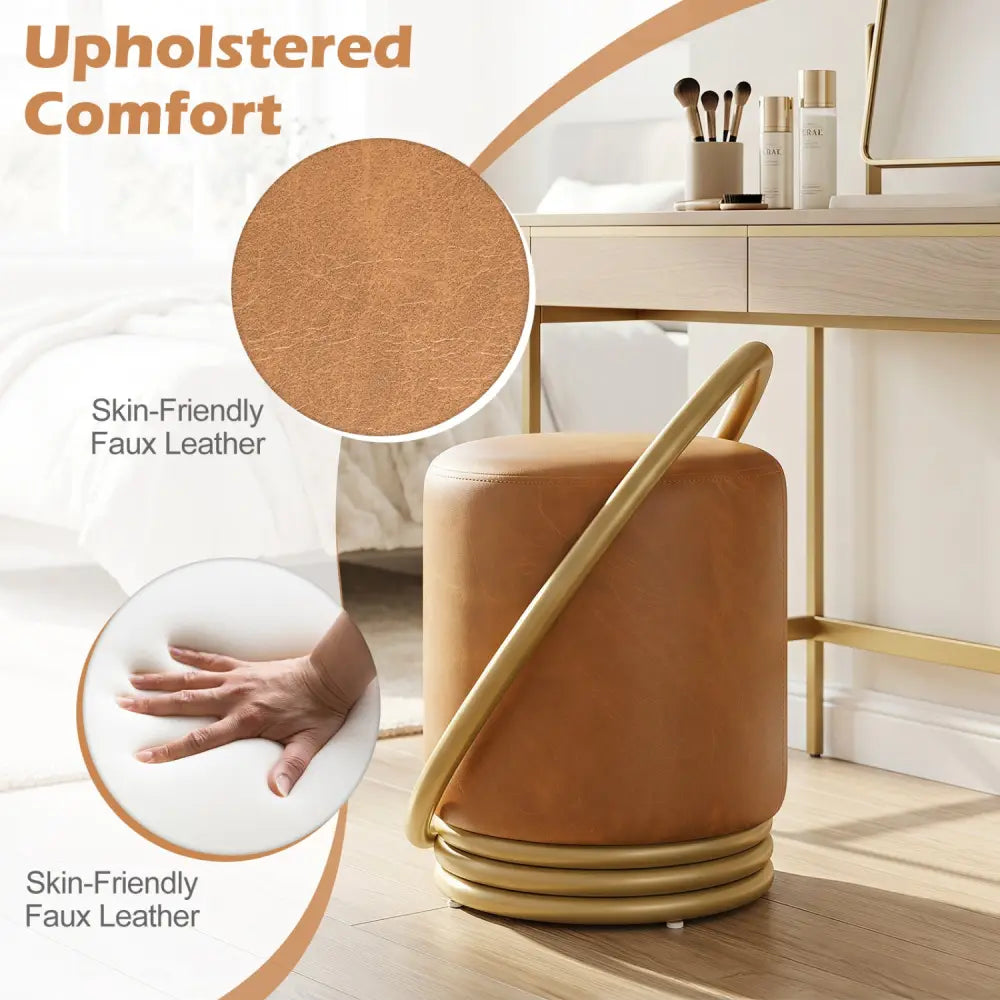 Round Vanity Stool Faux Leather Makeup Chair with Gold Halo Design-Yellow - Yellow - Ottomans