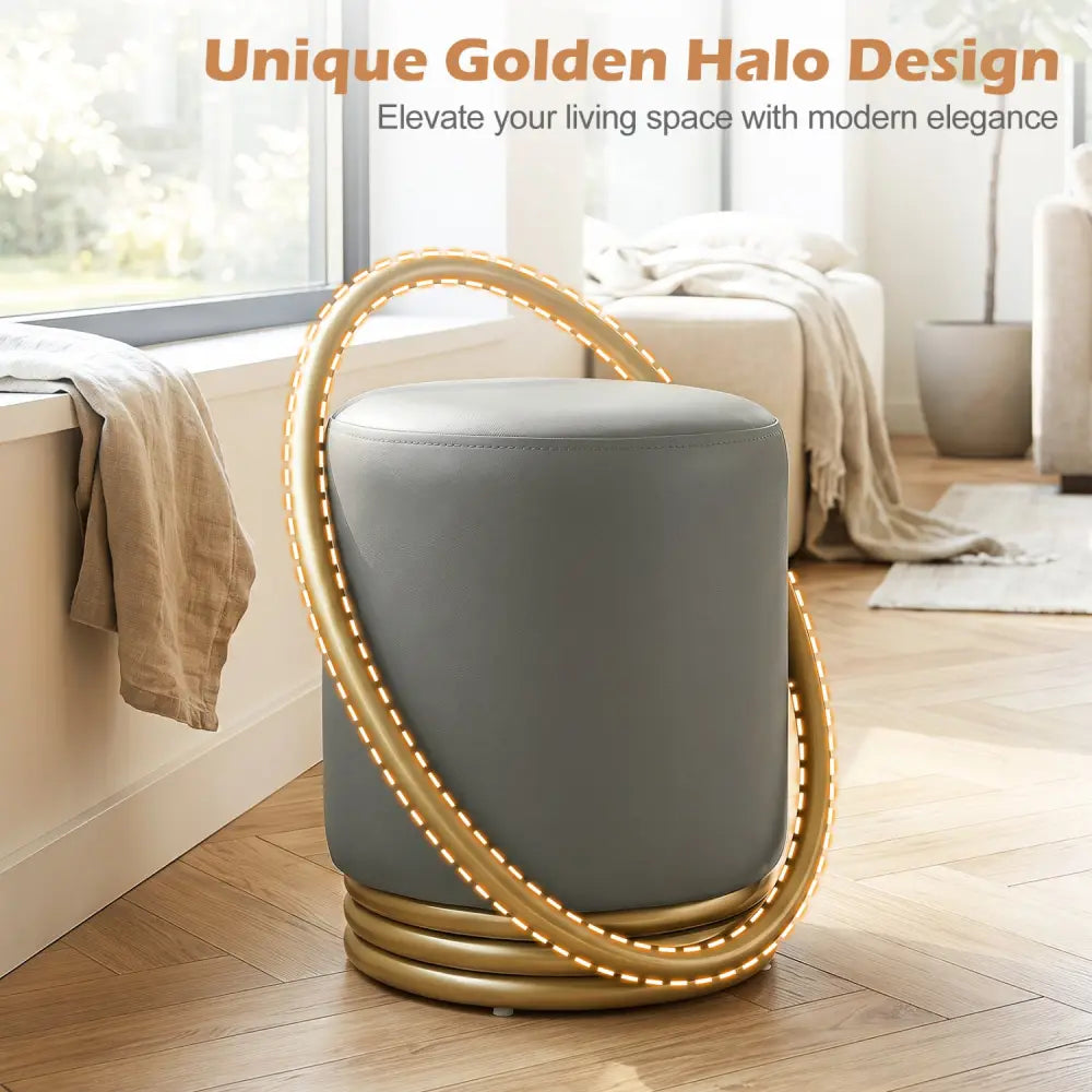 Round Vanity Stool Faux Leather Makeup Chair with Gold Halo Design-Grey - Gray - Ottomans