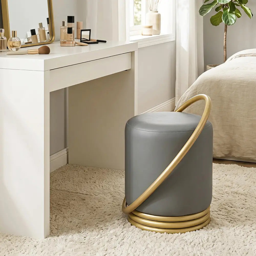 Round Vanity Stool Faux Leather Makeup Chair with Gold Halo Design-Grey - Gray - Ottomans