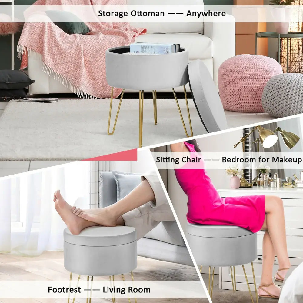 Round Velvet Storage Ottoman Footrest Stool Vanity Chair with Metal Legs-Gray - Gray - Ottomans