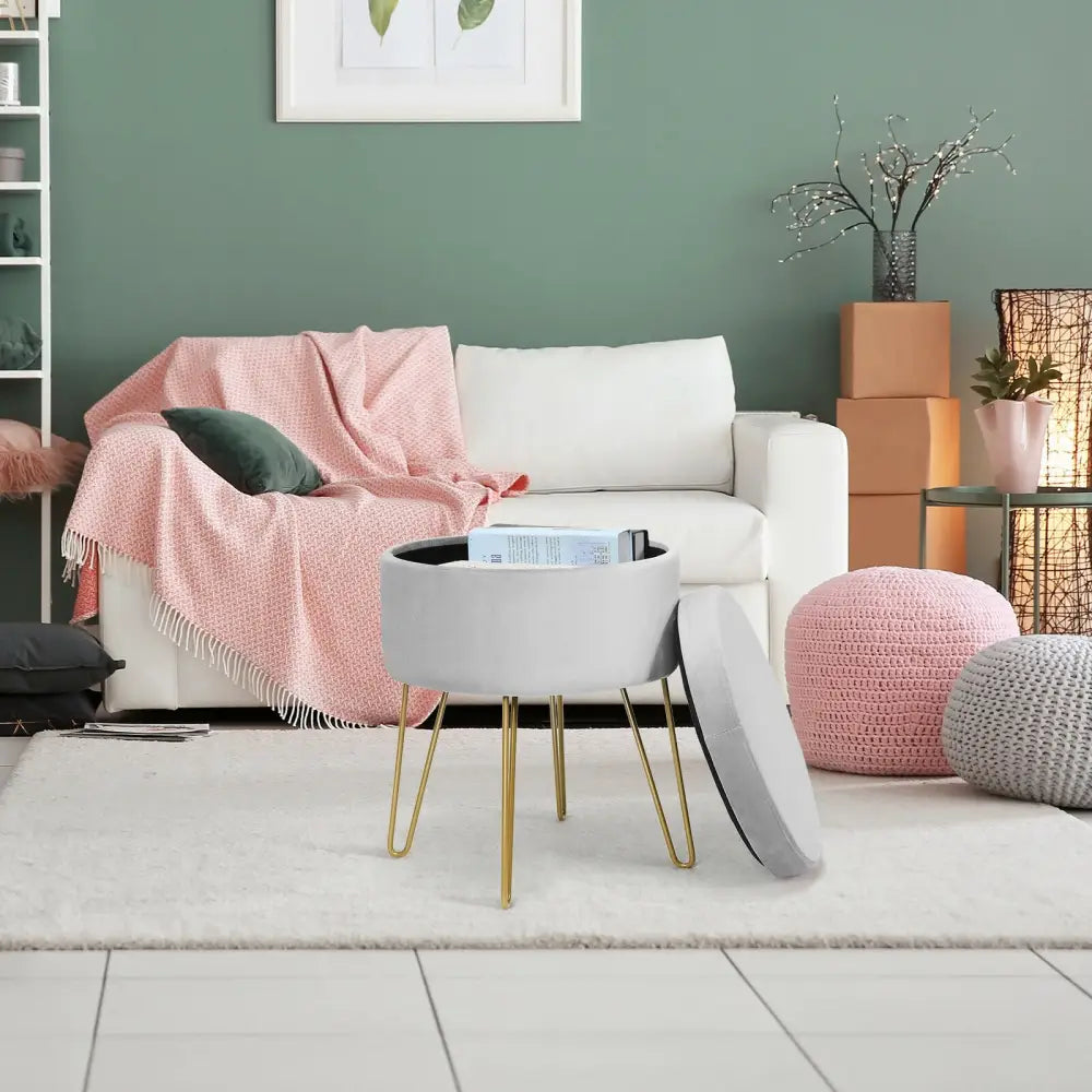 Round Velvet Storage Ottoman Footrest Stool Vanity Chair with Metal Legs-Gray - Gray - Ottomans