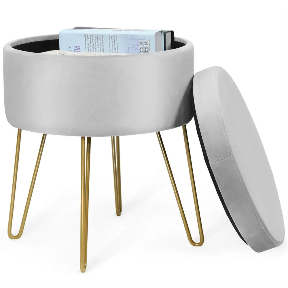 Round Velvet Storage Ottoman Footrest Stool Vanity Chair with Metal Legs-Gray - Gray - Ottomans