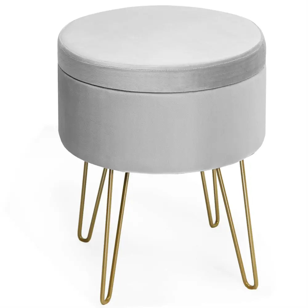 Round Velvet Storage Ottoman Footrest Stool Vanity Chair with Metal Legs-Gray - Gray - Ottomans