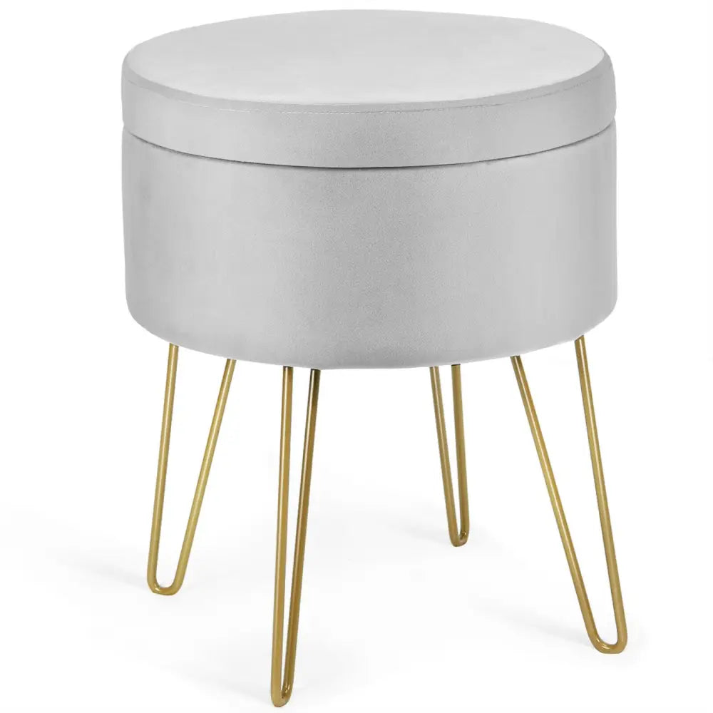 Round Velvet Storage Ottoman Footrest Stool Vanity Chair with Metal Legs-Gray - Gray - Ottomans