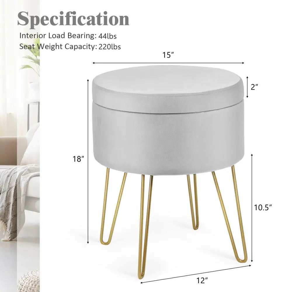 Round Velvet Storage Ottoman Footrest Stool Vanity Chair with Metal Legs-Gray - Gray - Ottomans