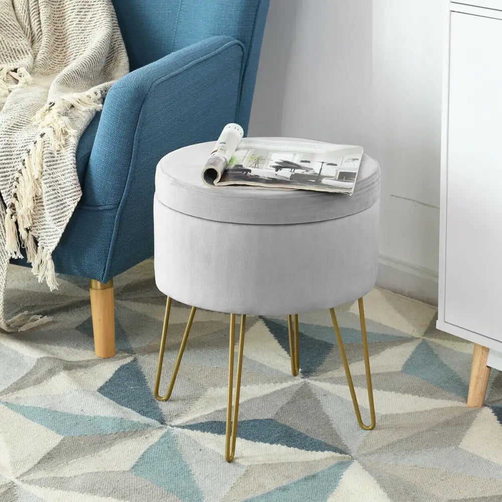 Round Velvet Storage Ottoman Footrest Stool Vanity Chair with Metal Legs-Gray - Gray - Ottomans