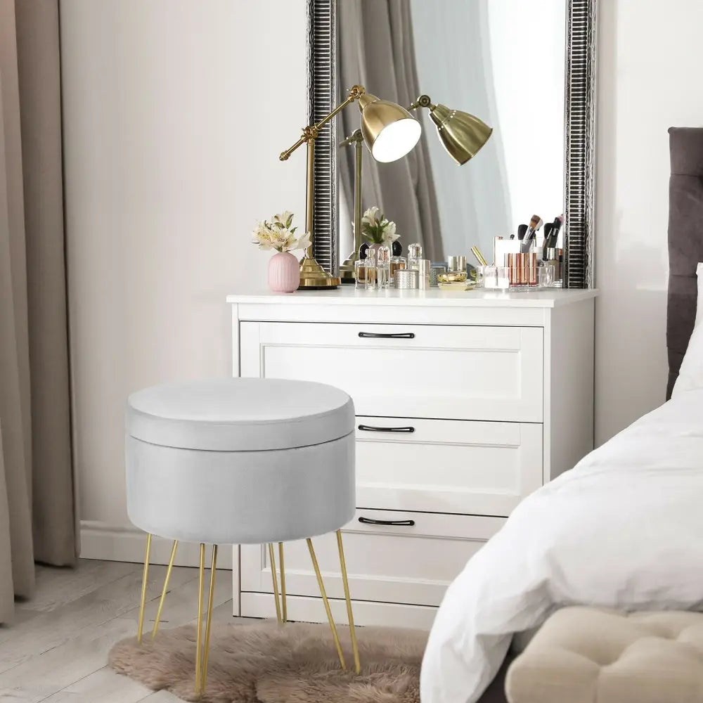 Round Velvet Storage Ottoman Footrest Stool Vanity Chair with Metal Legs-Gray - Gray - Ottomans