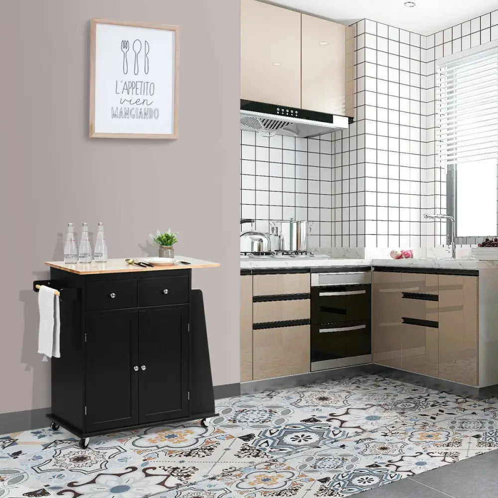 Rubber Wood Countertop Rolling Kitchen Island Cart-Black - Black - Kitchen Islands & Carts