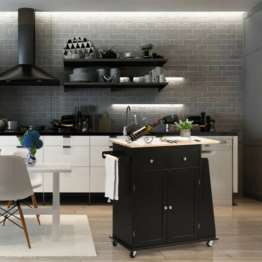 Rubber Wood Countertop Rolling Kitchen Island Cart-Black - Black - Kitchen Islands & Carts