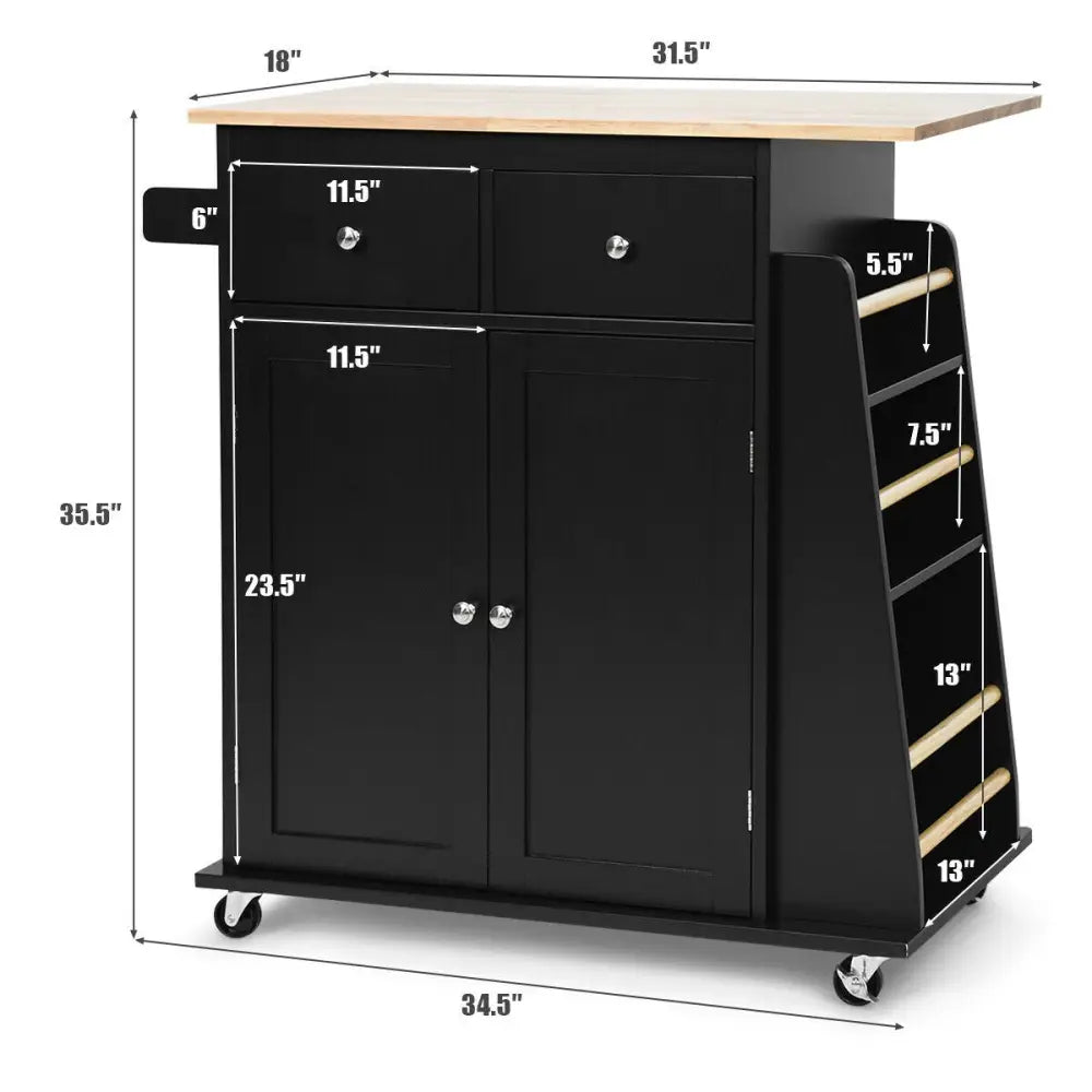 Rubber Wood Countertop Rolling Kitchen Island Cart-Black - Black - Kitchen Islands & Carts