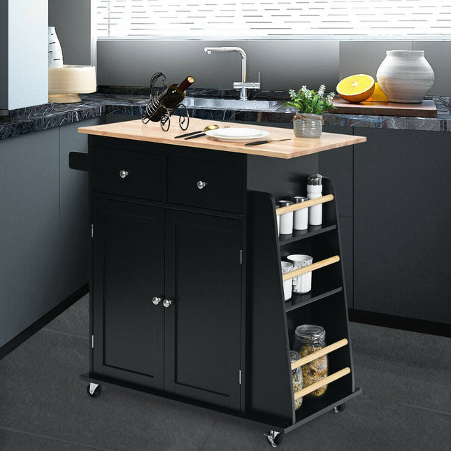 Rubber Wood Countertop Rolling Kitchen Island Cart-Black - Black - Kitchen Islands & Carts