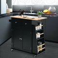 Rubber Wood Countertop Rolling Kitchen Island Cart-Black - Black - Kitchen Islands & Carts