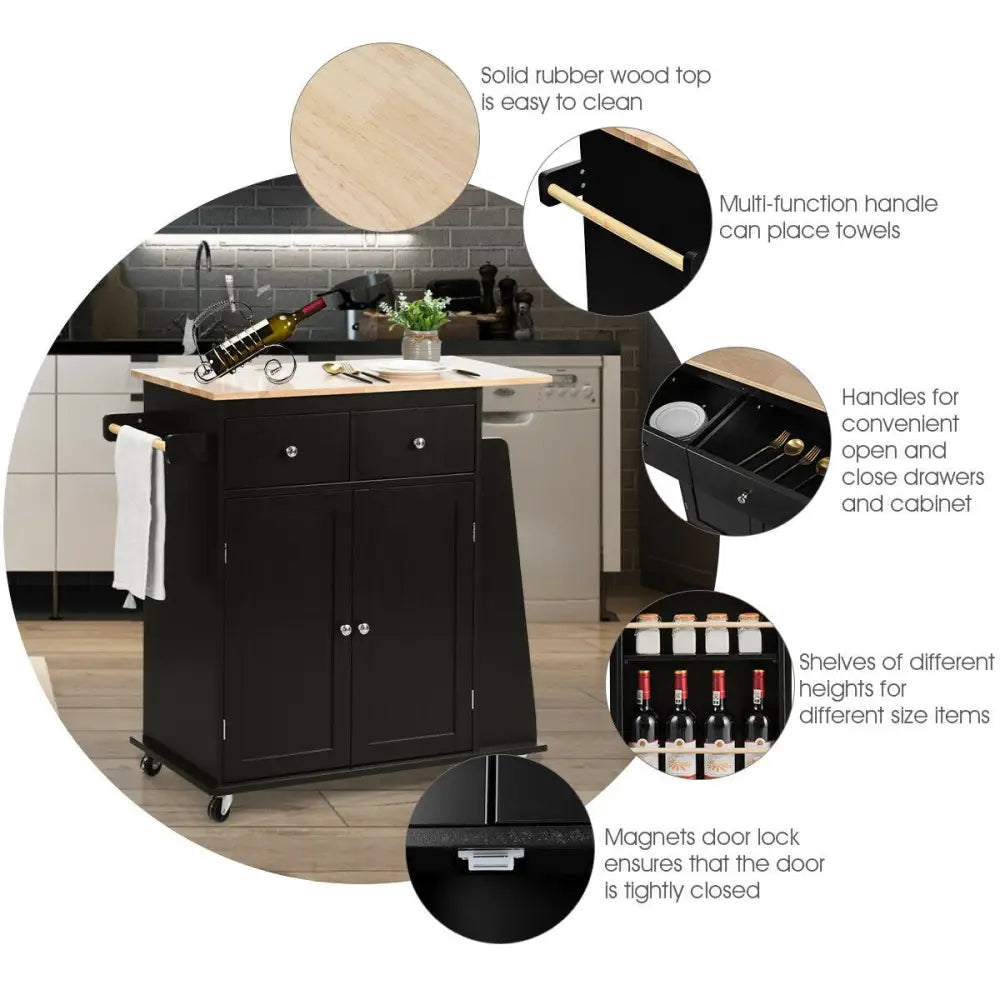 Rubber Wood Countertop Rolling Kitchen Island Cart-Black - Black - Kitchen Islands & Carts