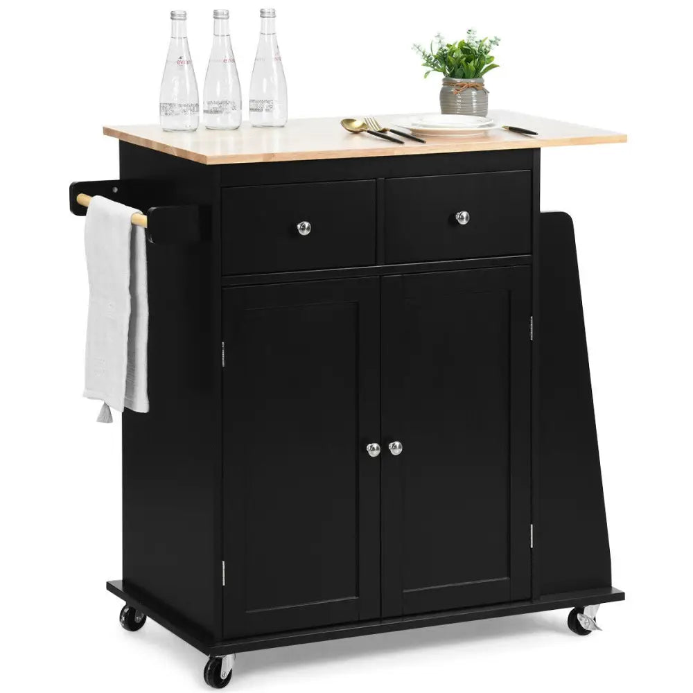 Rubber Wood Countertop Rolling Kitchen Island Cart-Black - Black - Kitchen Islands & Carts