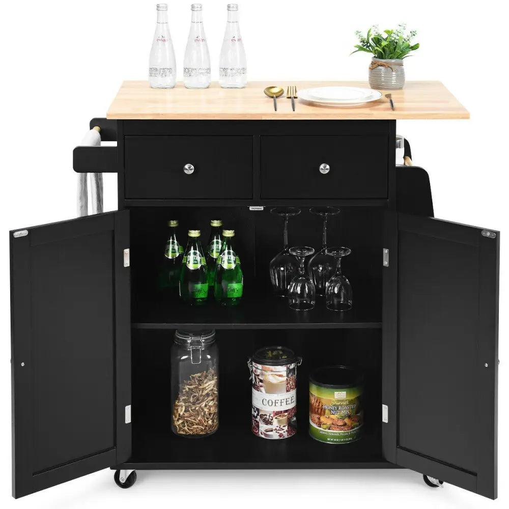 Rubber Wood Countertop Rolling Kitchen Island Cart-Black - Black - Kitchen Islands & Carts