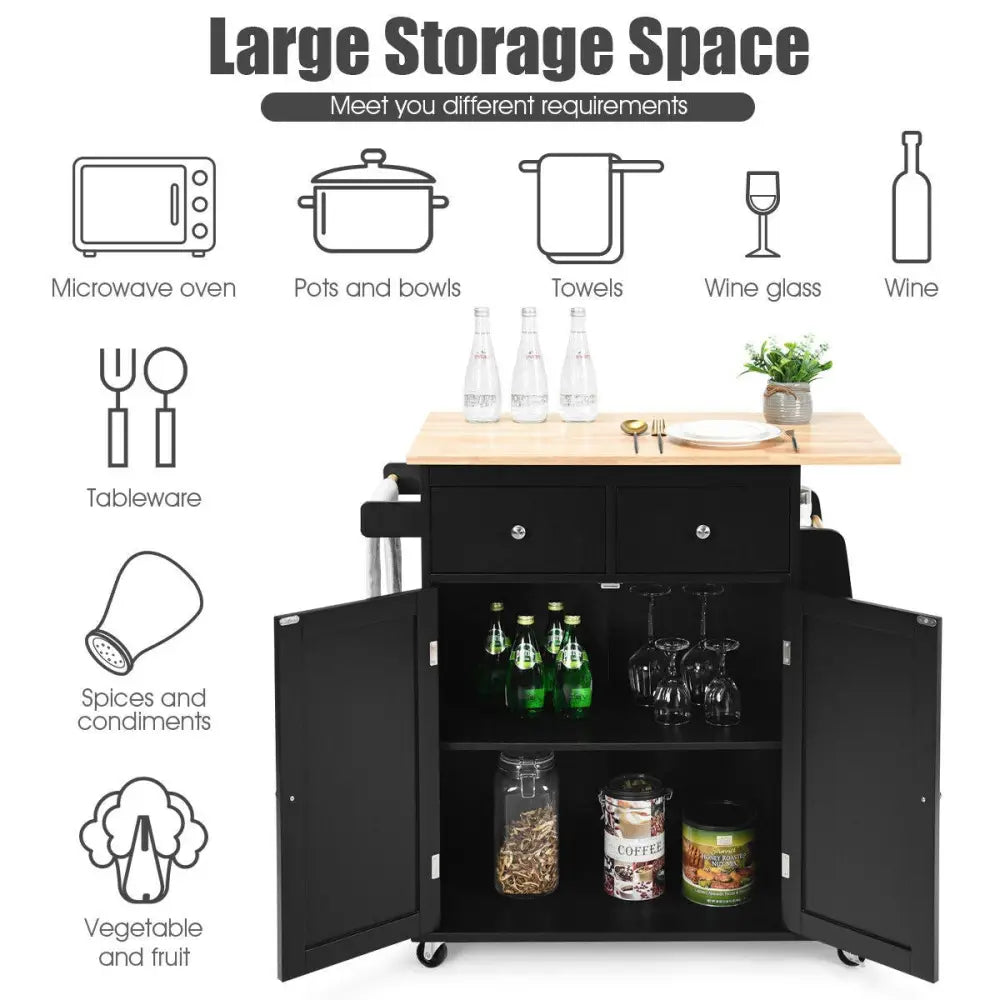 Rubber Wood Countertop Rolling Kitchen Island Cart-Black - Black - Kitchen Islands & Carts