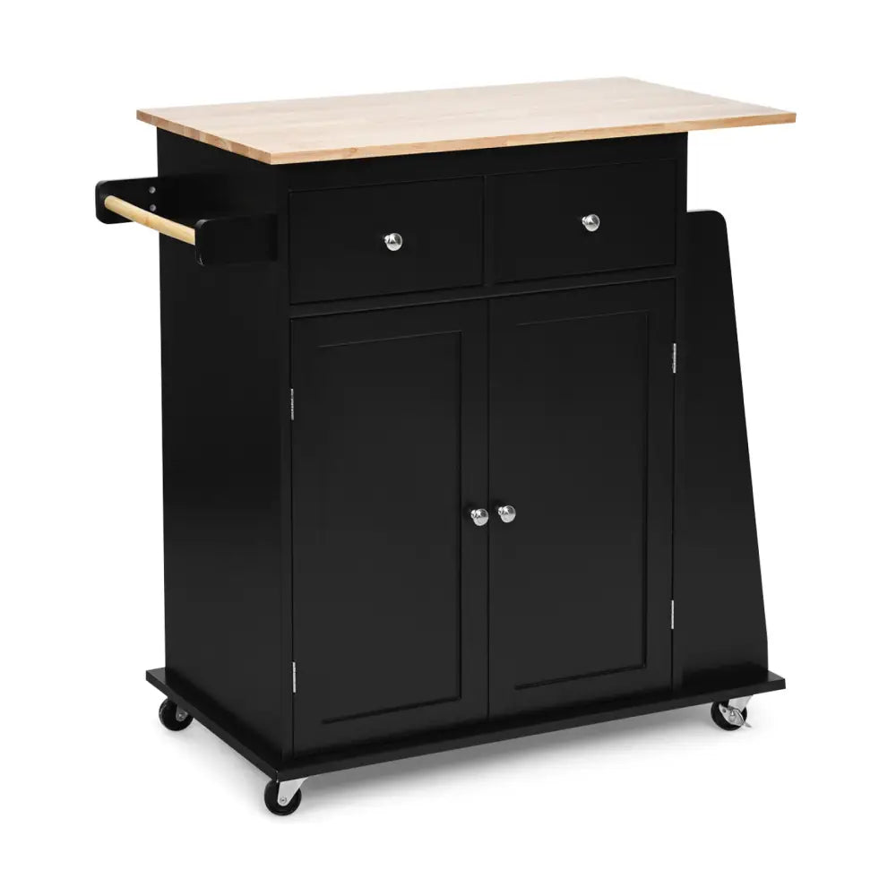 Rubber Wood Countertop Rolling Kitchen Island Cart-Black - Black - Kitchen Islands & Carts