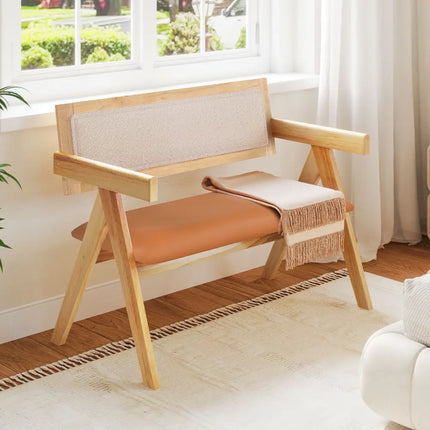 Rubber Wood Dining Bench with Armrest Sherpa Upholstered Backrest and Soft-padded Seat-Natural - Navy - Outdoor Benches
