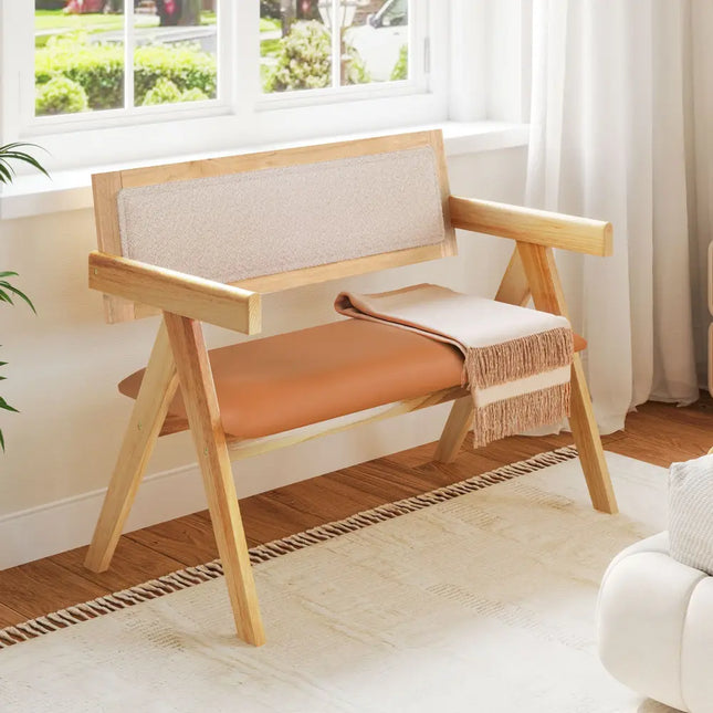 Rubber Wood Dining Bench with Armrest Sherpa Upholstered Backrest and Soft-padded Seat-Natural - Navy - Outdoor Benches