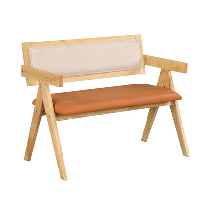 Rubber Wood Dining Bench with Armrest Sherpa Upholstered Backrest and Soft-padded Seat-Natural - Navy - Outdoor Benches