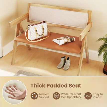 Rubber Wood Dining Bench with Armrest Sherpa Upholstered Backrest and Soft-padded Seat-Natural - Navy - Outdoor Benches