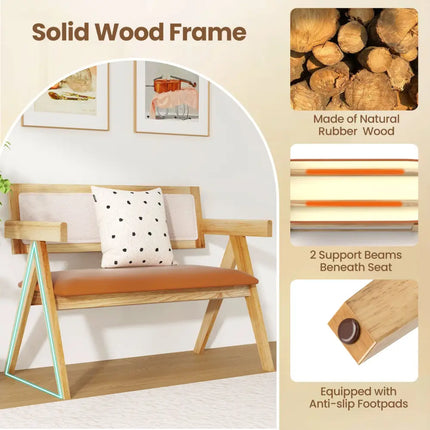 Rubber Wood Dining Bench with Armrest Sherpa Upholstered Backrest and Soft-padded Seat-Natural - Navy - Outdoor Benches